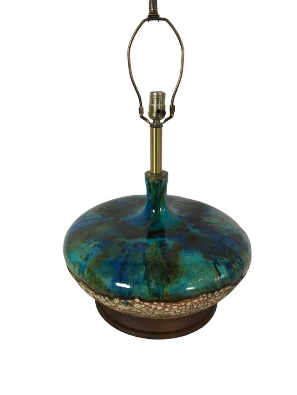 1960s Turquoise Blue Lava Drip Glazed Ceramic Table Lamp on Walnut Base